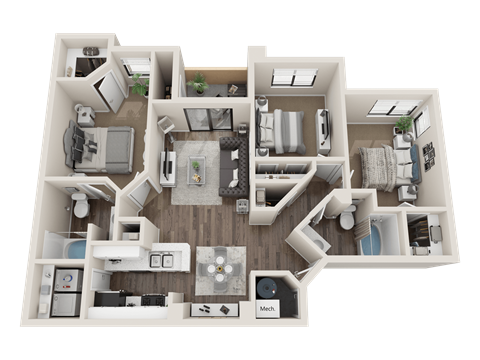 Floor plan for 3 beds, 2 baths, 1110 sqft